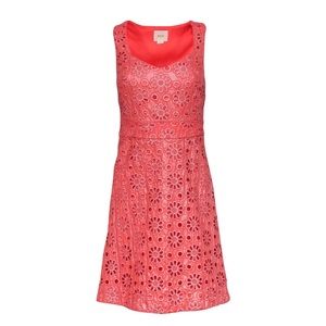 Anthropologie Maeve Coral Shimmer Floral Eyelet Fit & Flare Dress Size 8 Medium